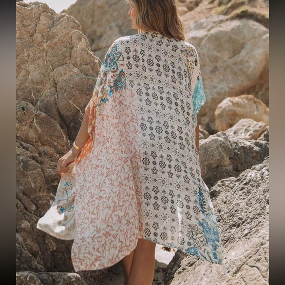 Cardigan kimono print cream multicolor swimsuit cover up beach summer - Picture 2 of 3